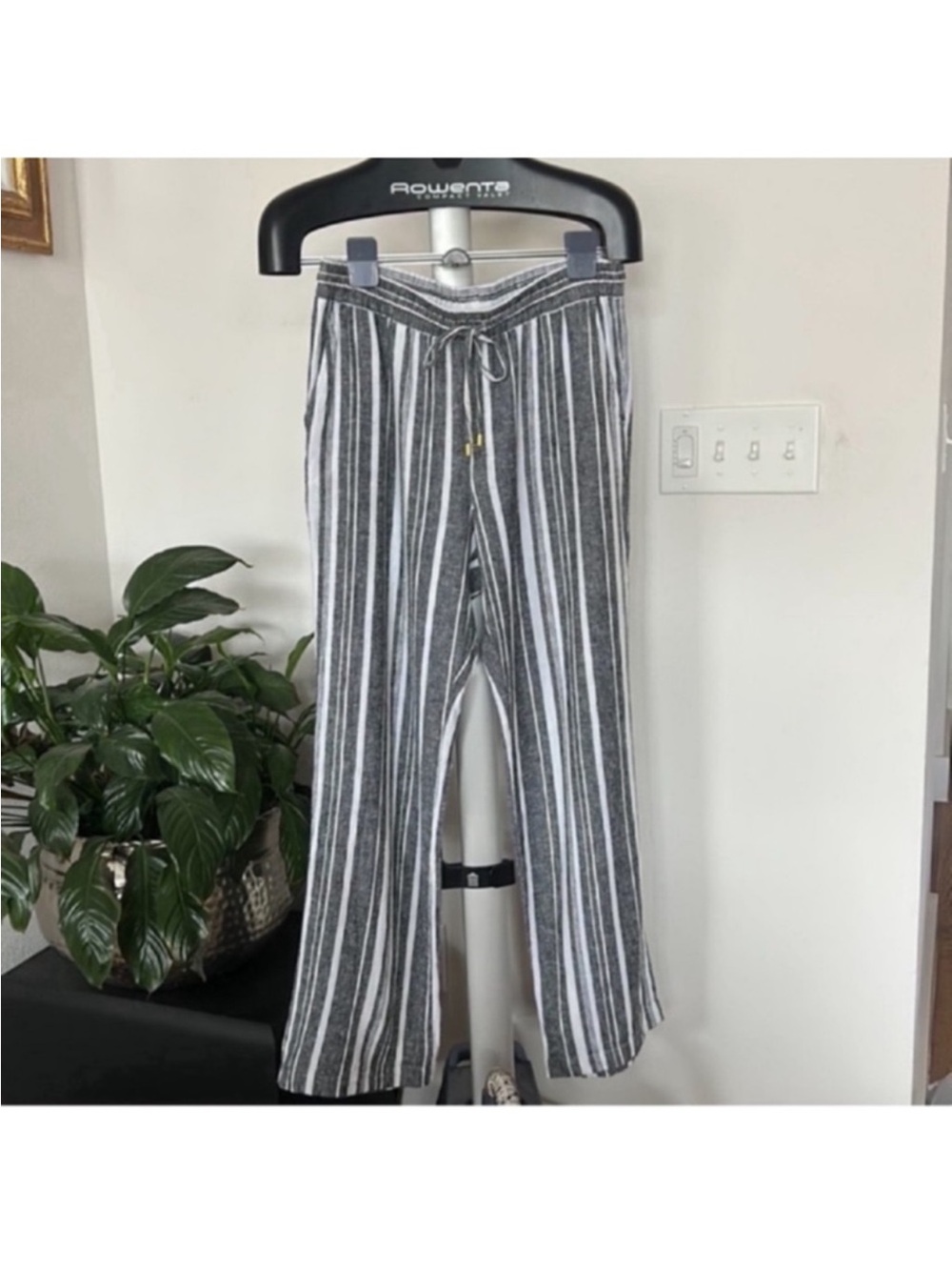 Ellen Tracy Linen Blend Wide Leg Pull On Pants Sz M Gray White Striped